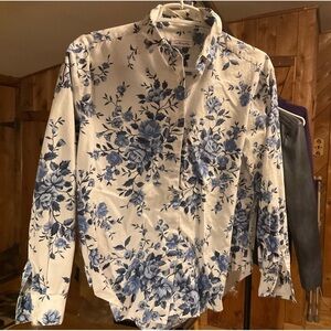 Talbots, long sleeved, cotton blue-flowered blouse, size M